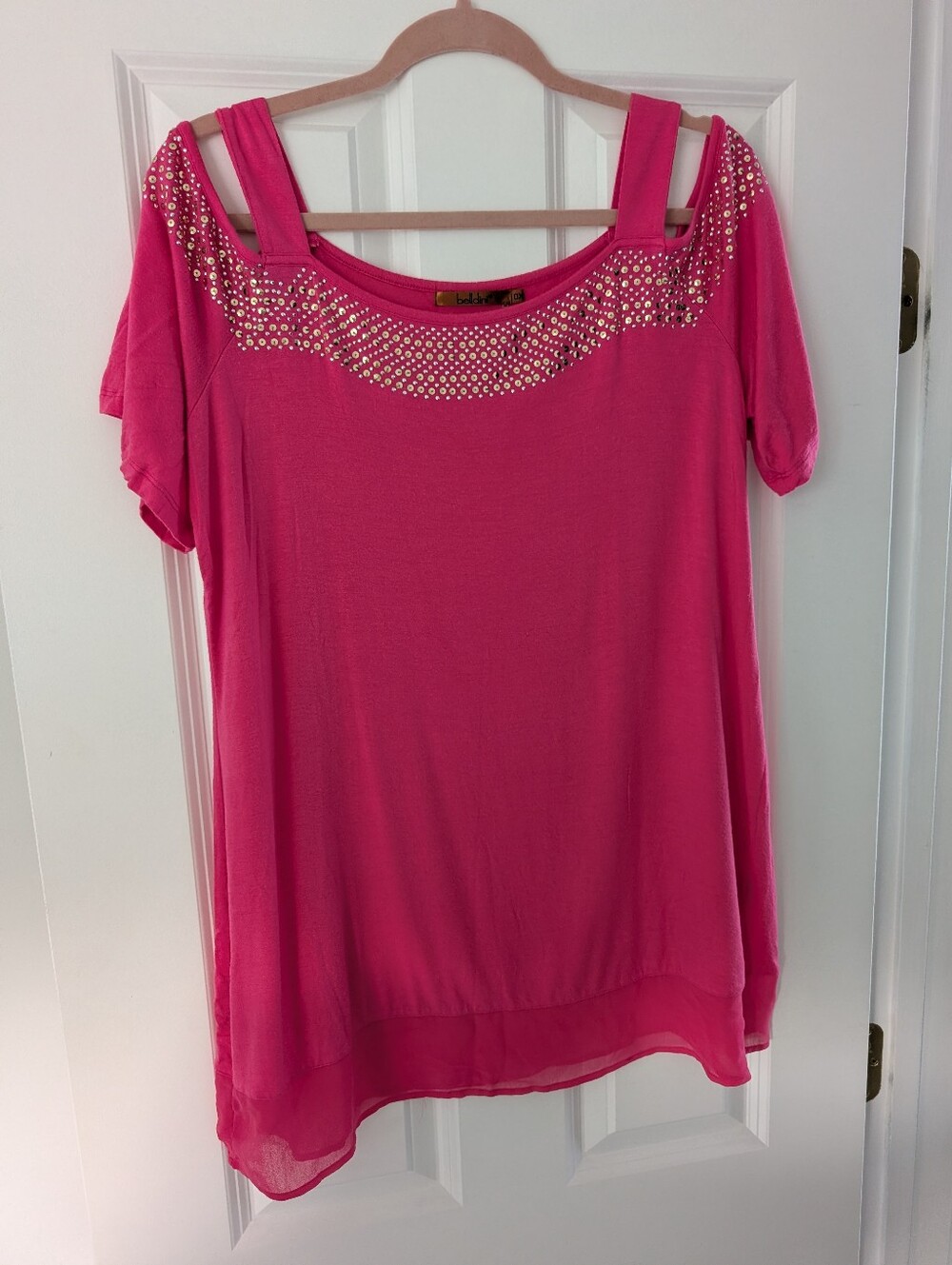 Belldini Bright Pink Short Sleeve Tee with Gold & Silver Studs